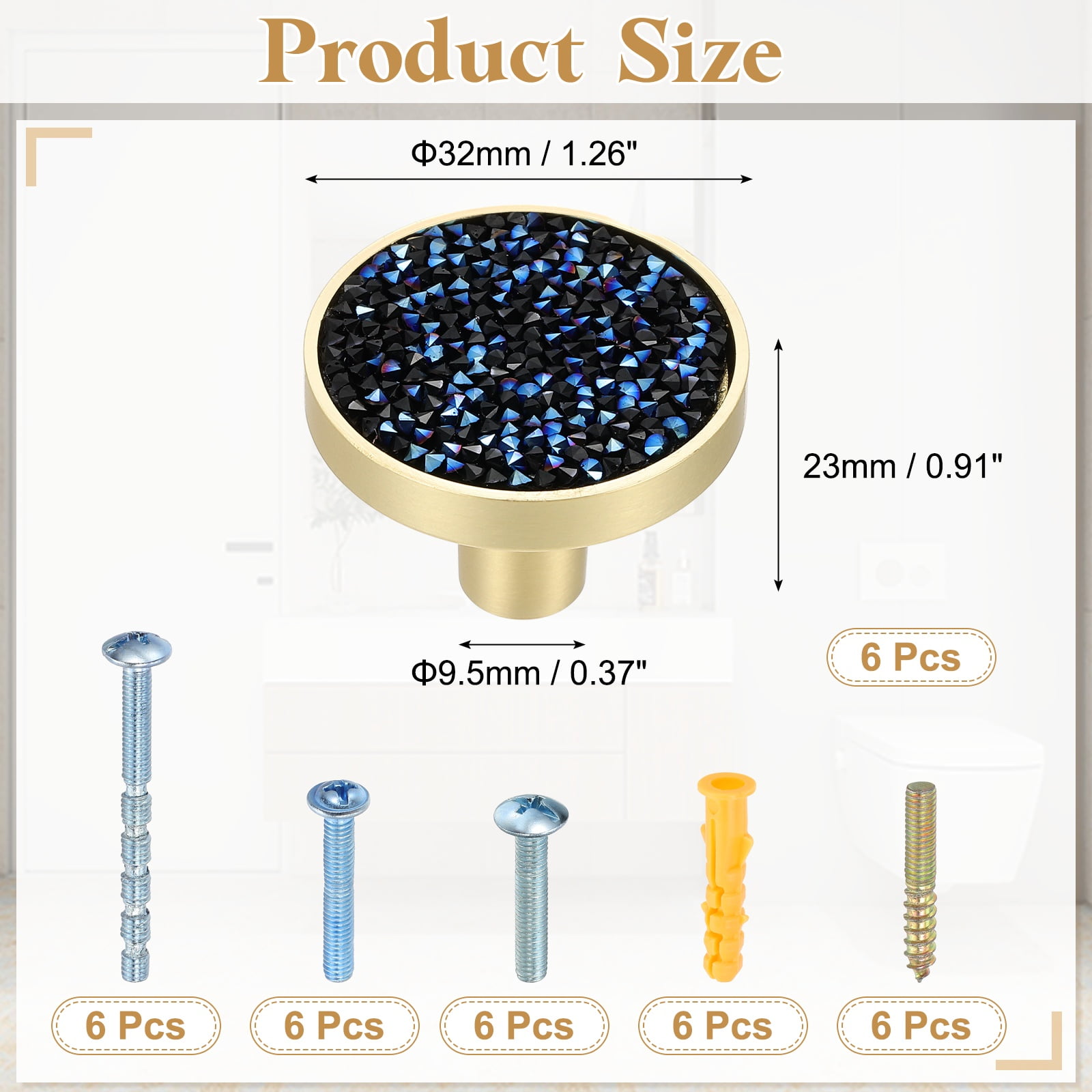 6Pack Gold Cabinet Knobs 1-1/4" Round Knobs Cabinet Handles, Diamond Blue
