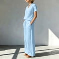 thumbnail image 6 of BRELIL Women Plus Size Two Piece Outfits V Neck Short Sleeve Tee Wide Leg Pants Casual Lounge Set Solid Boho Vacation Travel Loose Tracksuit, Sky Blue 3XL, 6 of 6