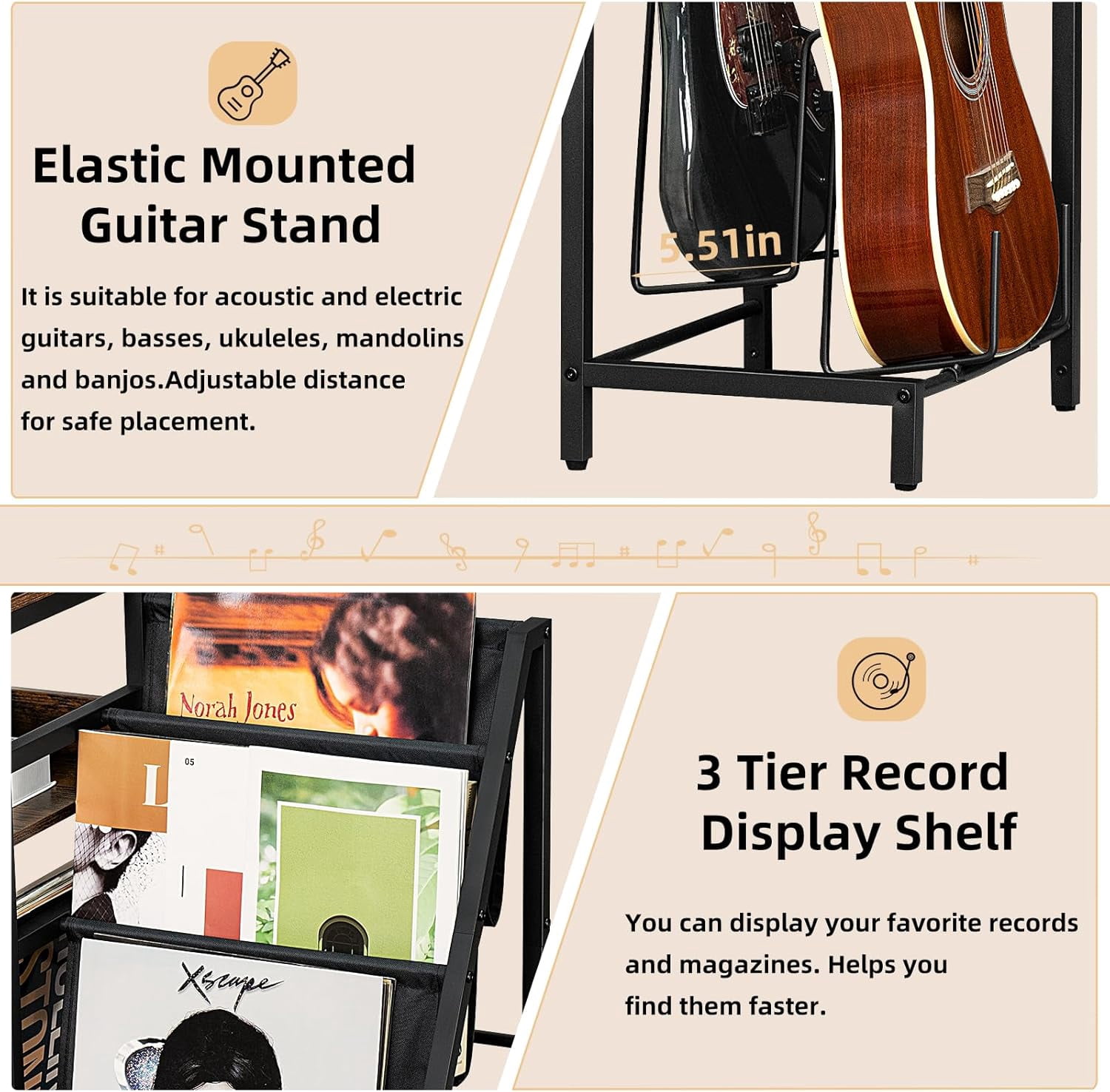 AENKYO Record Player Stand, Black Adjustable Guitar Stand for Acoustic Guitar, Electric Guitar, Bass, Turntable Stand with Vinyl Display Shelf Storage Up to 150 Albums, End Table for Music Room