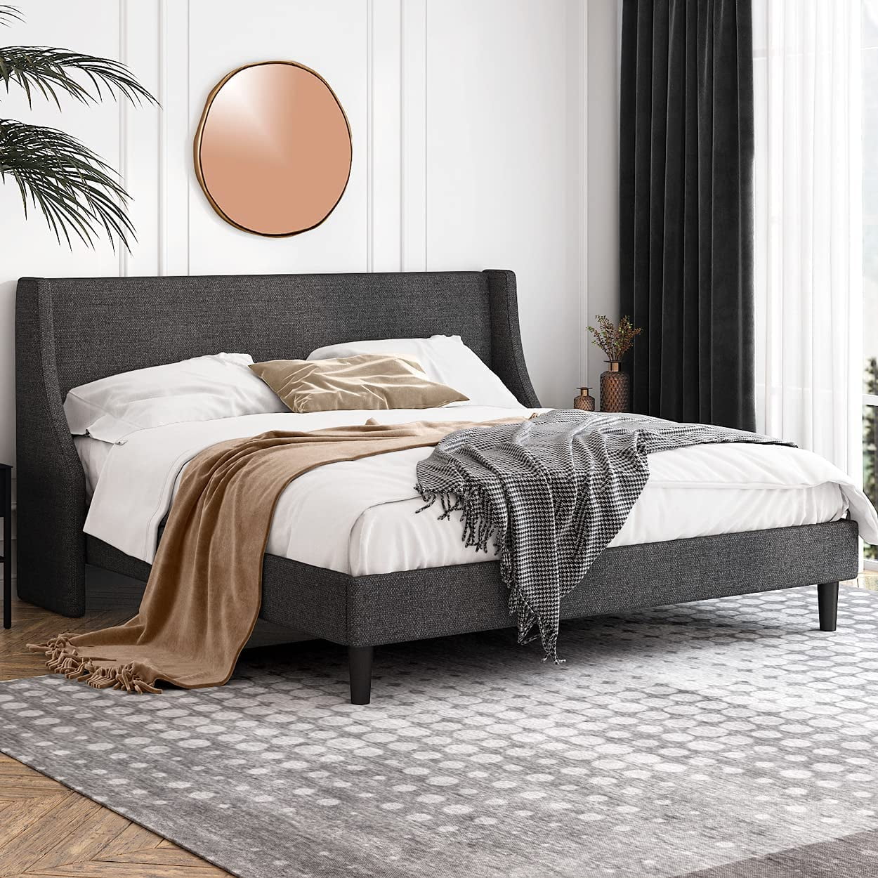 Einfach King Size Platform Bed Frame with Wingback Headboard, Dark Grey