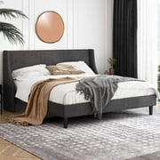 Einfach King Size Platform Bed Frame with Fabric Upholstered Wingback Headboard and Wooden Slat Support, Dark Grey