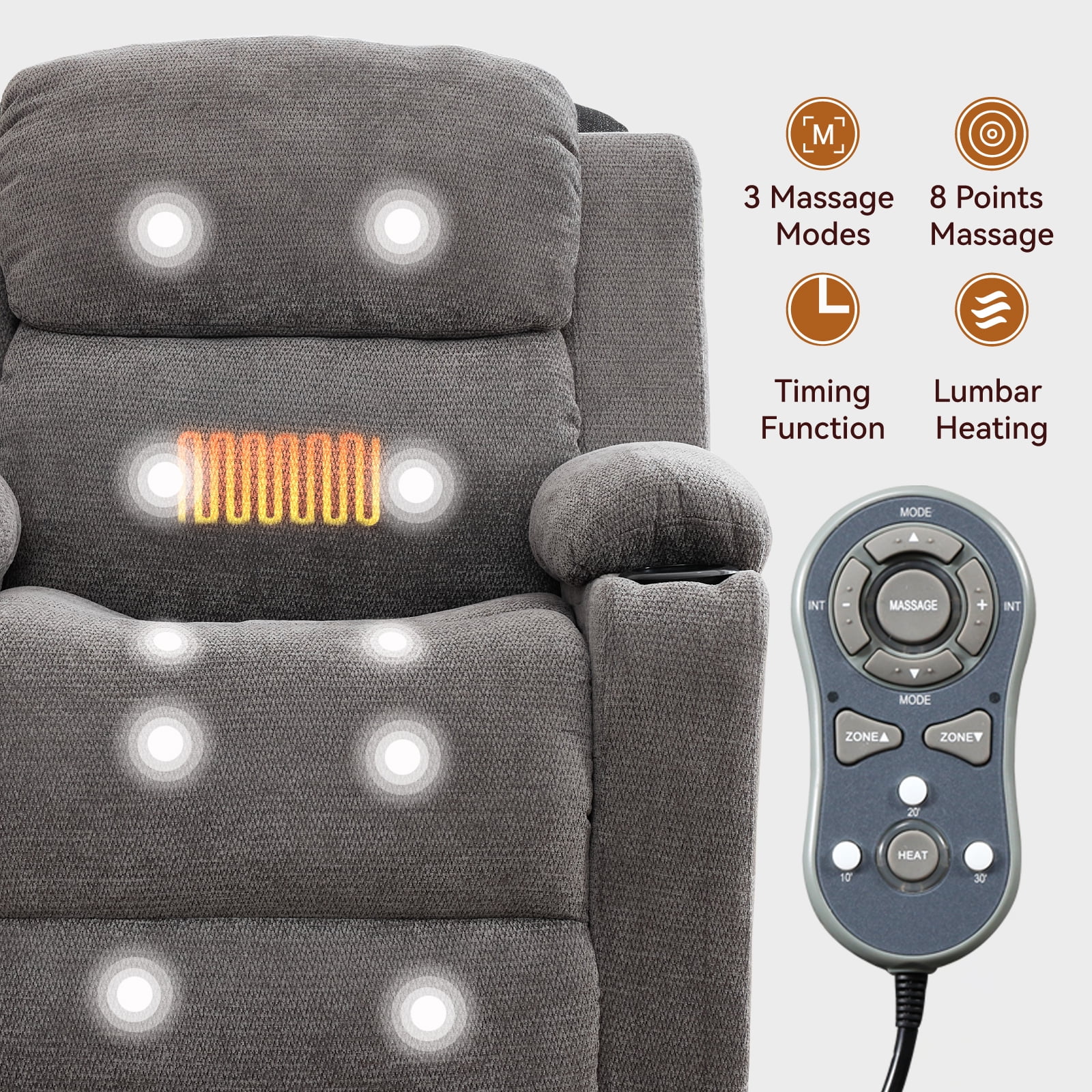 Miniyam Power Lift Recliner Chair with Massage and Lumbar Heat, Fabric Adjustable Reclining Chair with Remote Control, USB Port and Cup Holders, Gray