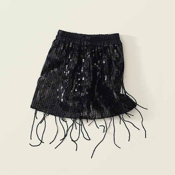 uublik Fringe Skirts for Girls Black Sequin Skirt Birthday Holiday Party Girls Short Skirt Size 3T-12