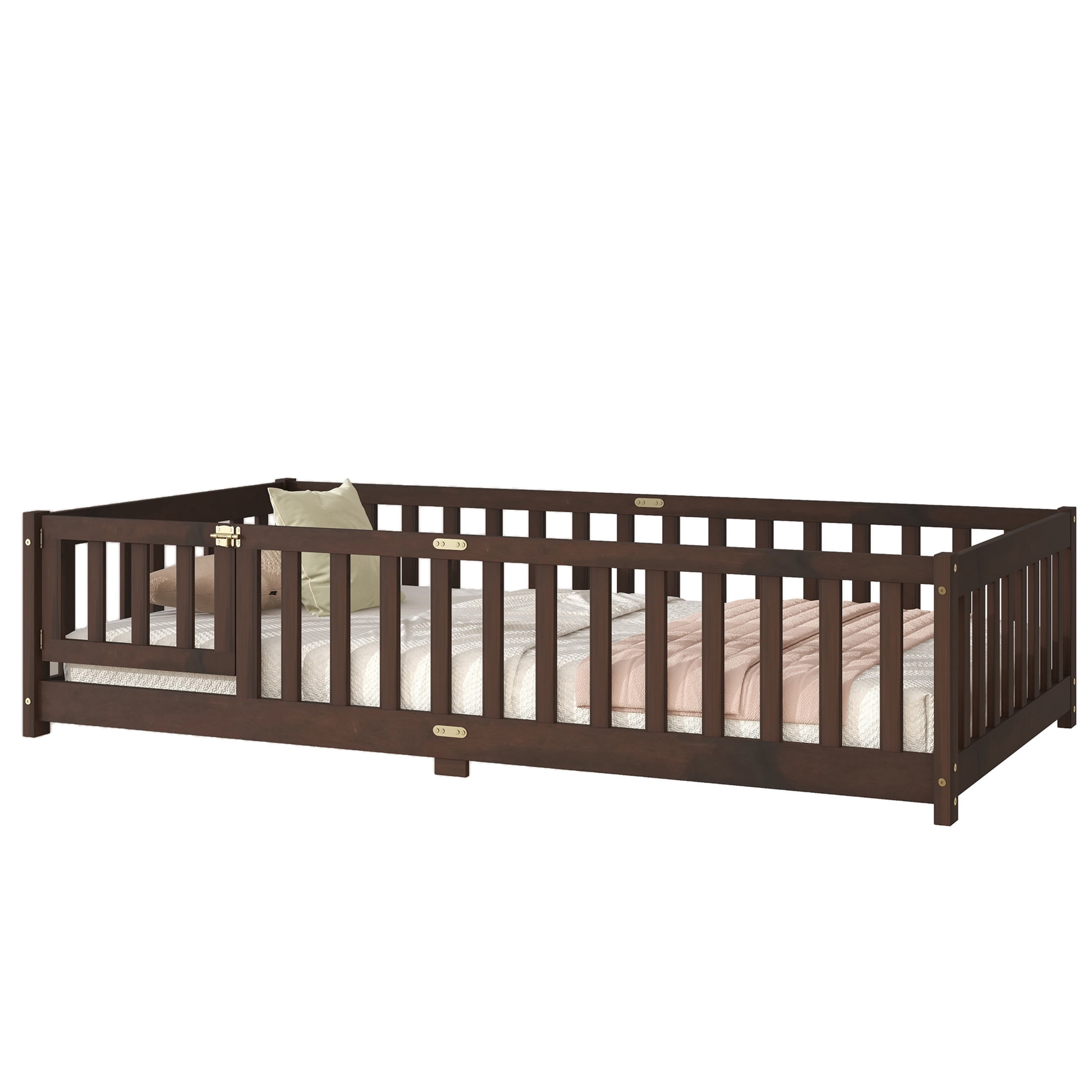 Noble House Twin Floor Bed with Safety Guardrails and Door, Rubber Wood Montessori Bed, Kid's Room, Espresso