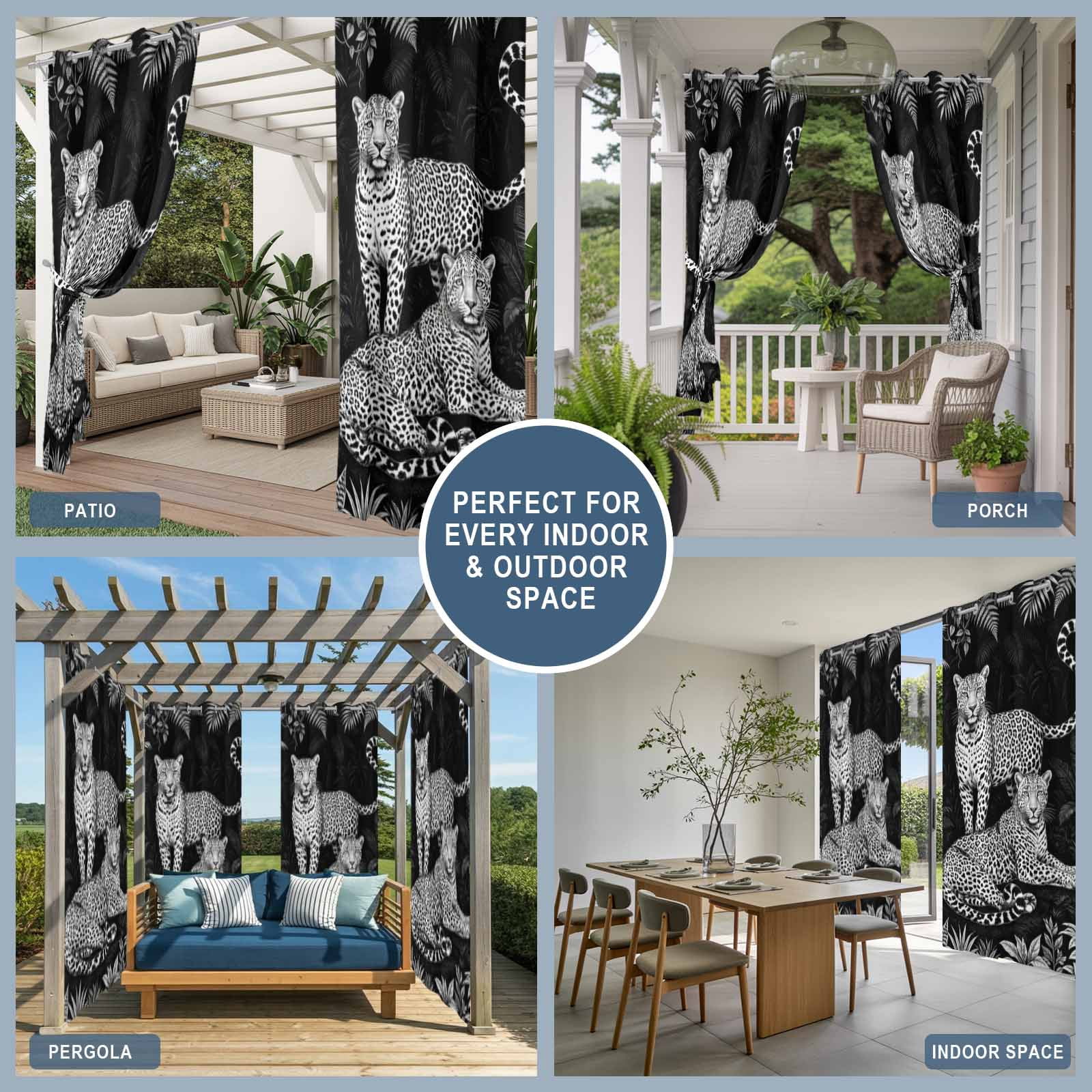 Black And White Leopard Outdoor Curtains for Patio, Tropical Plants Palm Leaf Jungle Animal Sunshade Privacy Drapes Grommet Waterproof Outside Curtains for Porch/Cabana/Balcony 54"x 108", 1 Panel