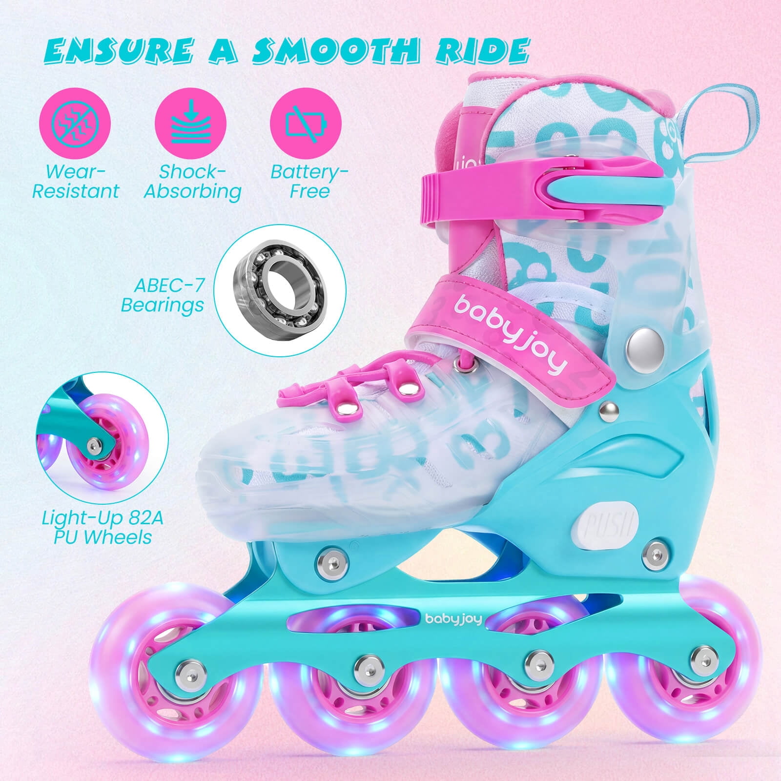 Babyjoy Kids Inline Skates for Boys Girls, 4-Size Adjustable Illuminating Roller Skates Pink & Blue