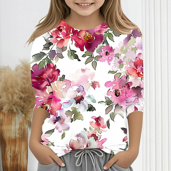 Spazoro Toddler Girls 3/4 Sleeve Shirts, Casual Spring and Fall Round Neck Floral Print Fashionable Tops for Girls Multicolor Size 11-12T