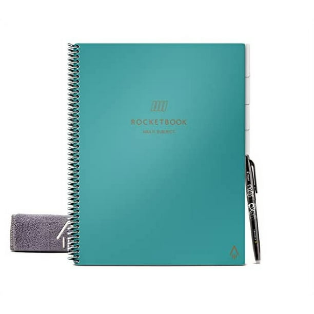 Cuaderno Rocketbook Multi-Subj. | Escan. c/ separadores | Reutiliz. con líneas y forro | Incluye 1 Pilot Frixion y paño | Turquesa, carta (8.5x 11)