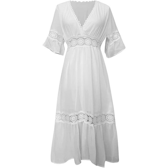 Patlollav Dresses for Womens Solid Dress Hollow Chiffon Short Sleeve V-Neck Long Dress