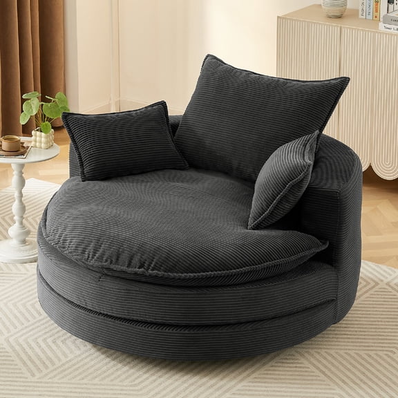 360° Swivel Sofa Chair Accent Barrel Chair 57.5" Swivel Round Chair with Dual-layer Cushion Design and 3 Removable Pillows for Living Room, Bedroom, Office, Apartment, Hotel, Easy Assembly, Black