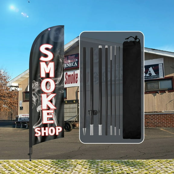 QSUM Smoke Shop Sign Feather Flag with Pole Kit,8.2FT Smoke Shop Decoration Display, Smoke Shop Business Sign,Smoke Shop Swooper Flag