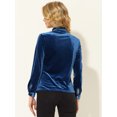 thumbnail image 4 of Blusa de terciopelo para mujer con volantes y cuello alto, manga larga, con botones Azul eléctrico M, 4 of 5