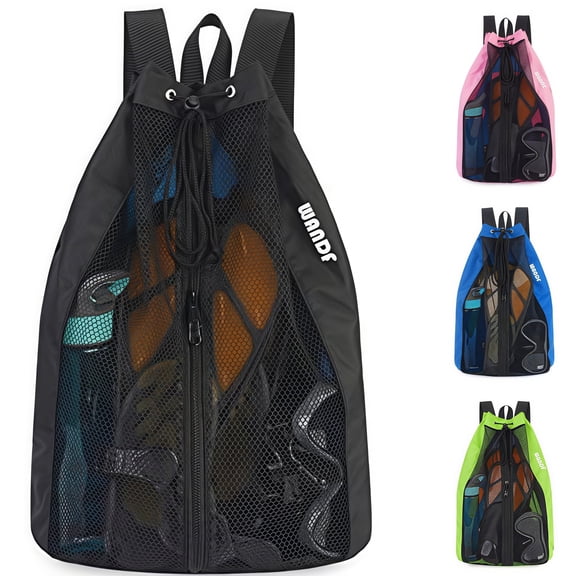 Mesh Swim Bag Beach Backpack, Waterproof Pool Bag with Full-Zip Opening for Women and Men,Drawstring Backpack with Adjustable Straps for Swimming, Gym, Cruise,Waterpark Essentials(Black)