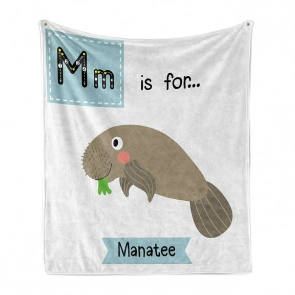 Manatee Soft Flannel Fleece Blanket, Alphabet Themed School Education Pattern Letter M and Animal Illustration Cartoon, Cozy Plush for Indoor and Outdoor Use, 70" x 90", Multicolor, by Ambesonne