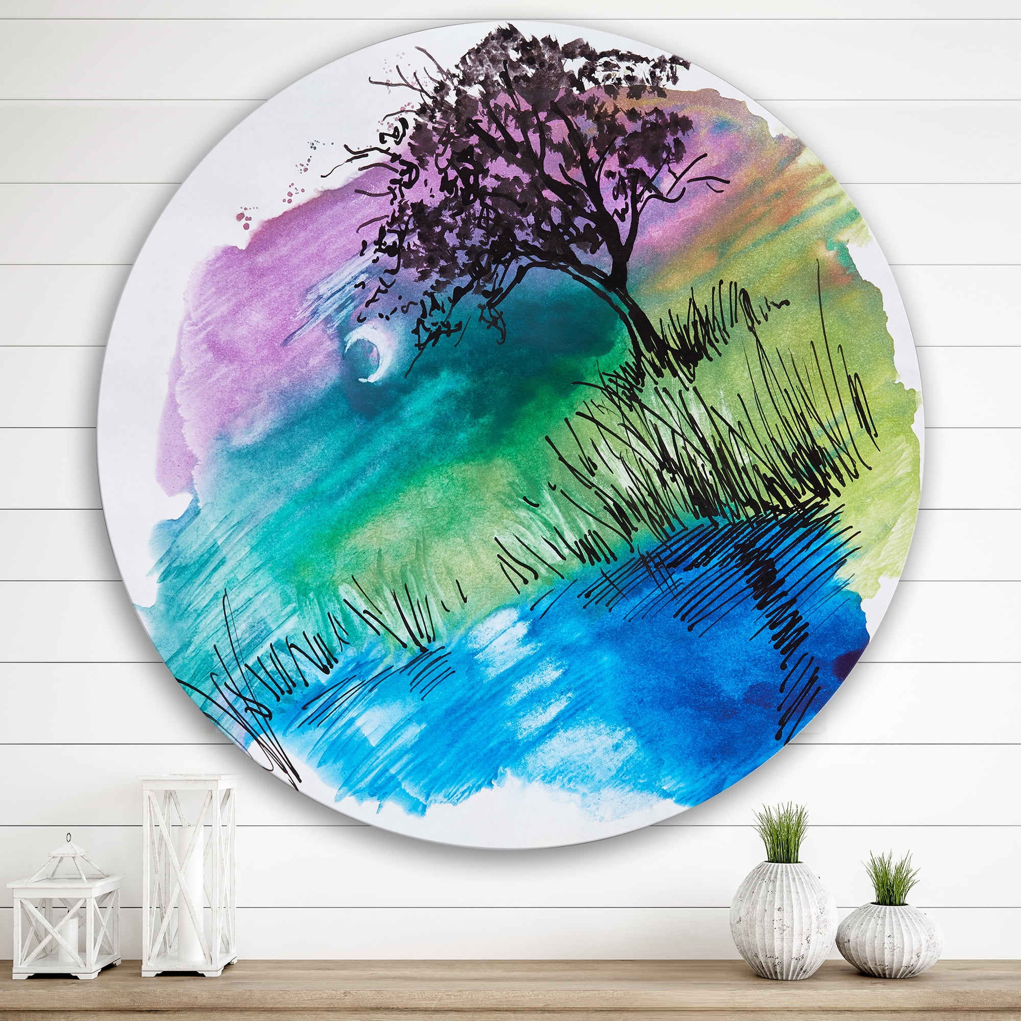 Designart 'Rainbow Silhouette Of Tree On The Riverbank At Night' Modern Circle Metal Wall Art 36x36 - Disc of 36