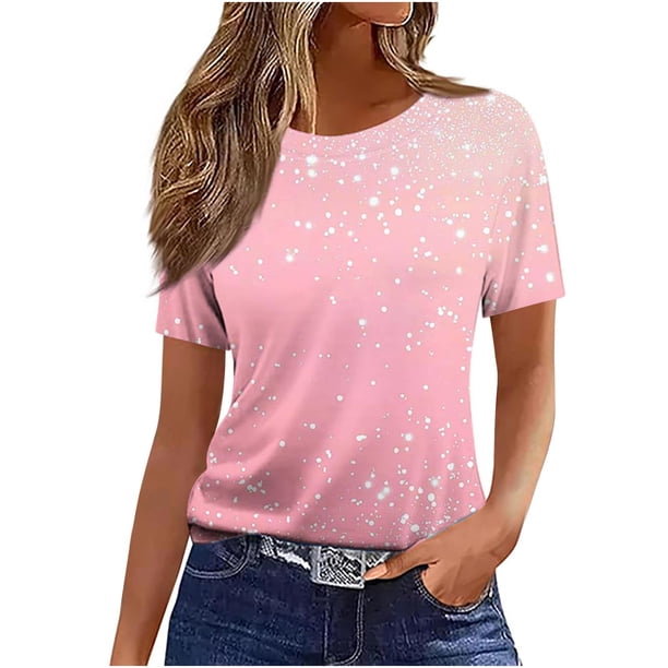 Camiseta de Manga Corta de Verano para Mujeres Delgada Moda Casual Impresa No Estructurada Cuello Redondo Mujer Manga Corta Tops Casual