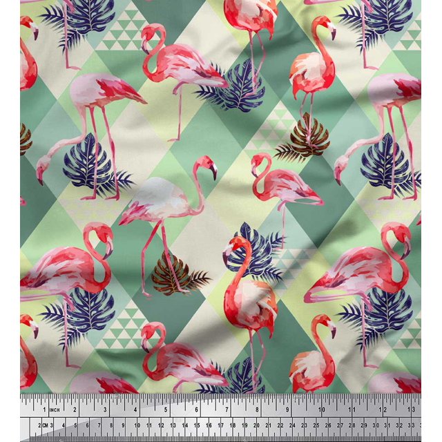 Soimoi Green polyester Crepe Fabric Flamingo Bird Print Fabric by the Yard 42 Inch Wide