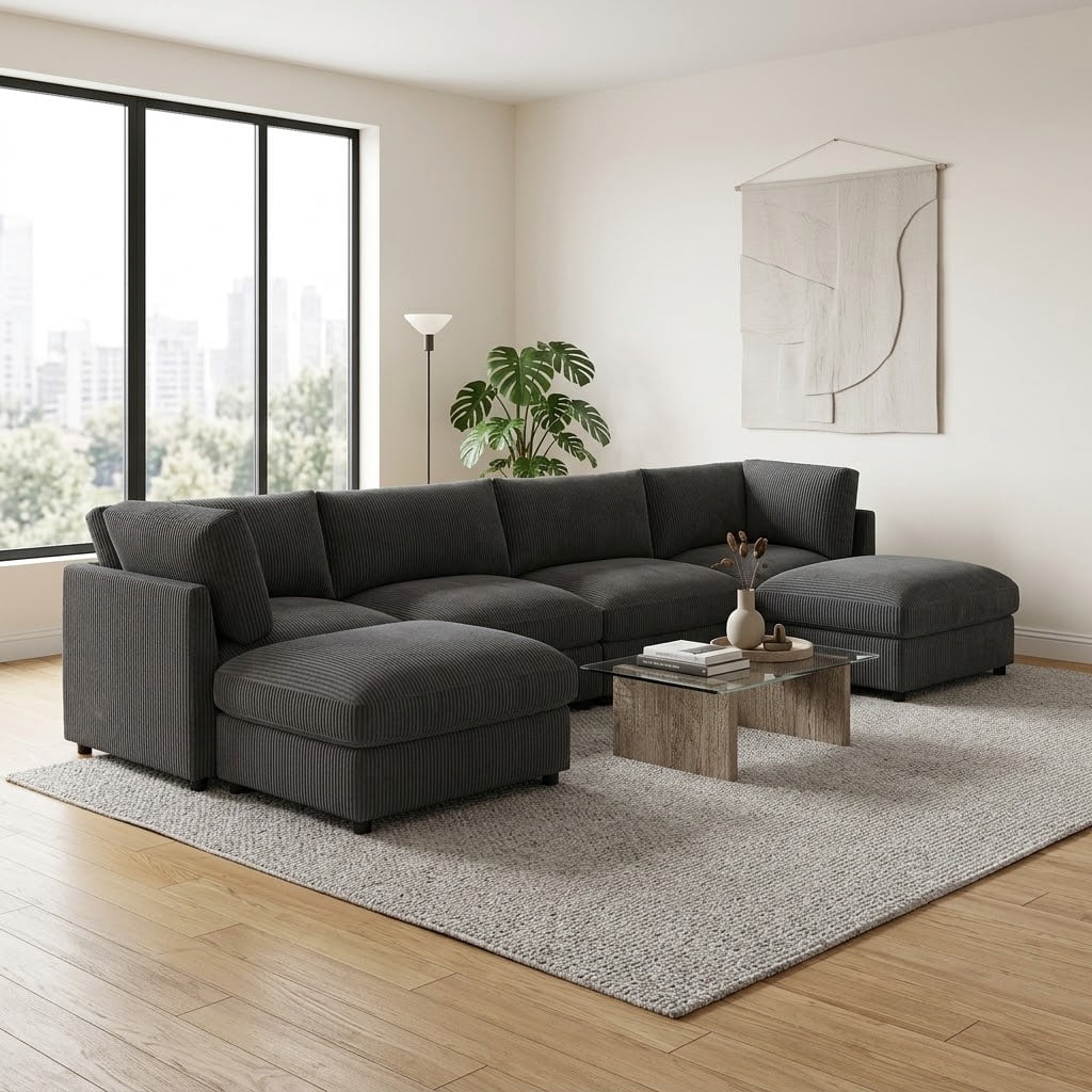 Howcool Cloud Couch Modular Sectional Sofa 6 Seat 129" L Shaped Reversible Convertible Couch, Corduroy Thick Cushion with Movable Ottomans, Washable Removable Cover for Living Room,Black