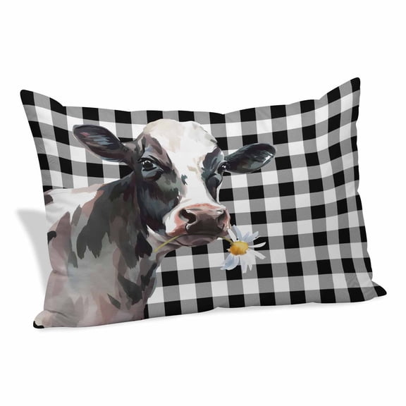 Watercolor Cow Pillow Covers, Linen Long Throw Pillow Case, Farm Animal Black Buffalo Plaid Holiday Pillow Protector Decorative Cushion Cover for Living Room/Bedroom 20" x 26"