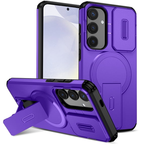 Magnetic For Samsung Galaxy S25  Phone Case,With Contractile Kickstand,Camera Cover,Compatible with Mag-Safe,Heavy Duty Shockproof Protection Anti-fall Anti-Scratch Rugged Phone Case,Purple