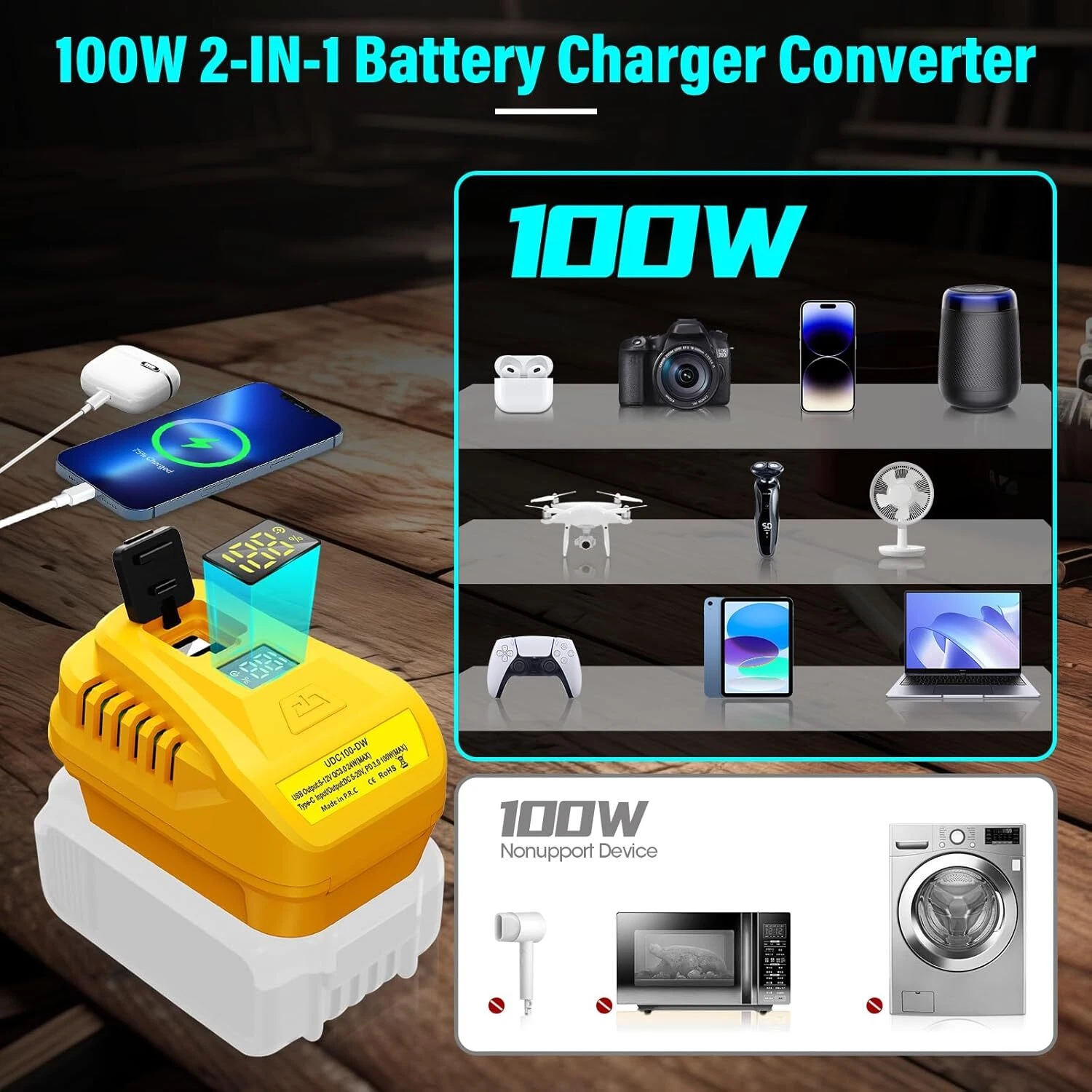 100W USB Charger Adapter for DeWalt 20V QC3.0 Type-C USB Port with LED Display