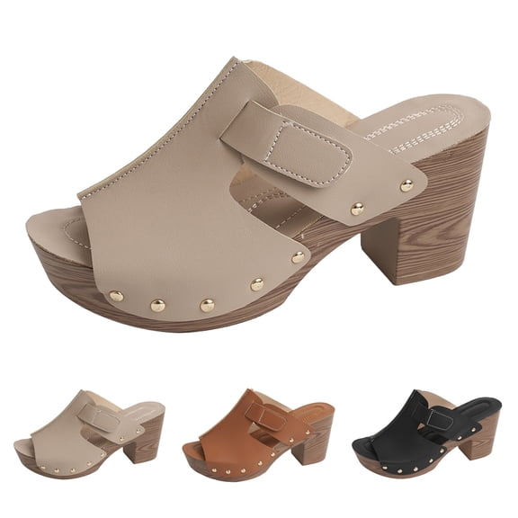 Women's Rivet Decor Open Toe Platform Block Heel Mule Sandals, Slip‑on Faux Leather Chunky Heel Slide Shoes for Party Daily Summer Wear Beige 36