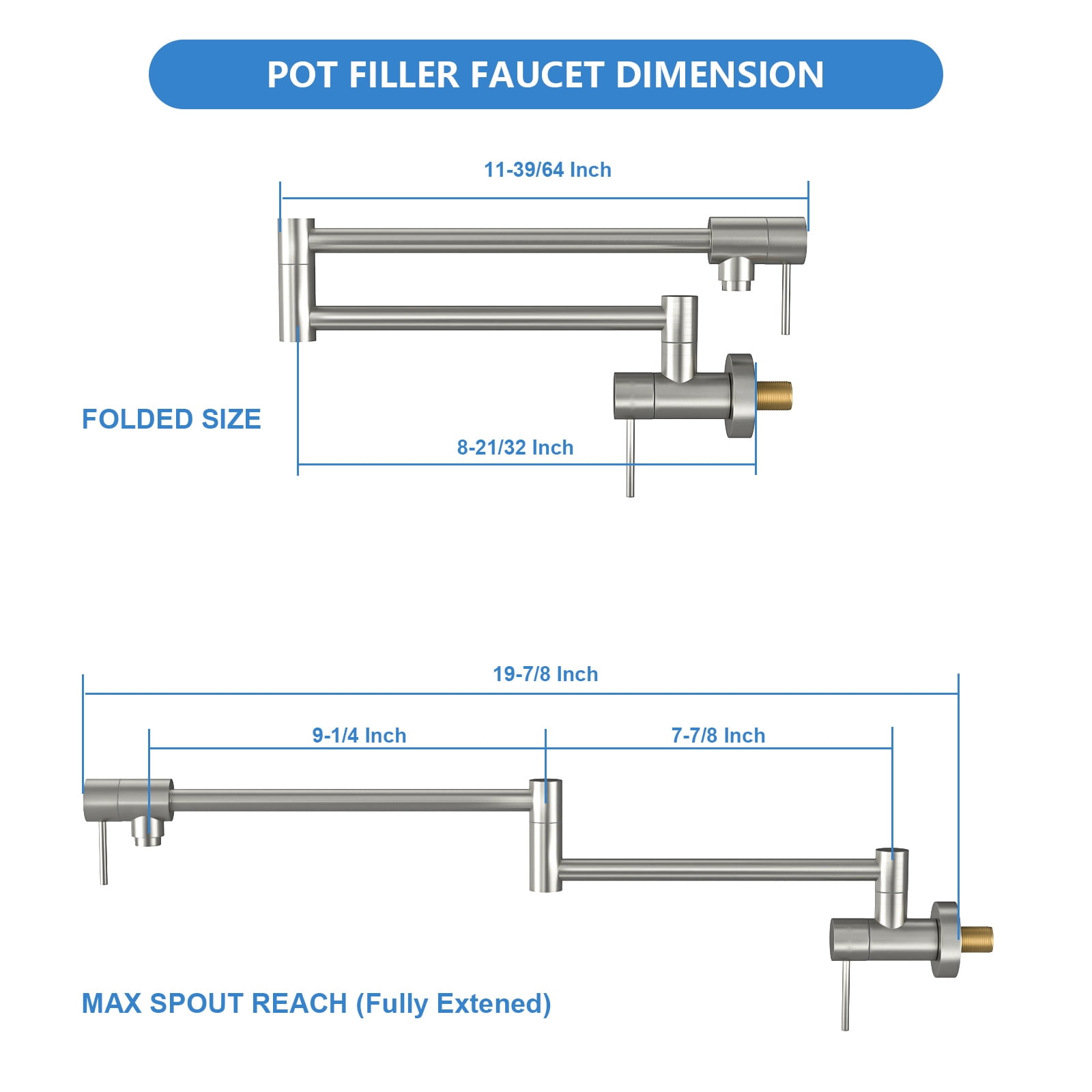 Pot Filler Faucet Wall Mount Brushed, 20" L Stainless Steel Folding Kitchen Faucet with Double Joint Swing Arm, Commercial Pot Filler with 360° Swivel Spout & ABS Aerator