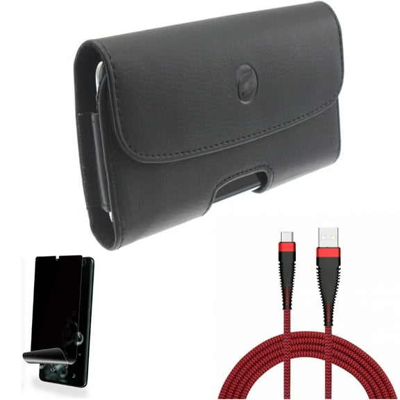 Privacy Screen Protector w 10ft USB Cable w Case Belt Clip for Samsung Galaxy S20 Ultra - TPU Film [NOT GLASS] [Fingerprint Works], Type-C Charger Cord Power, Leather Holster fits Galaxy S20 Ultra