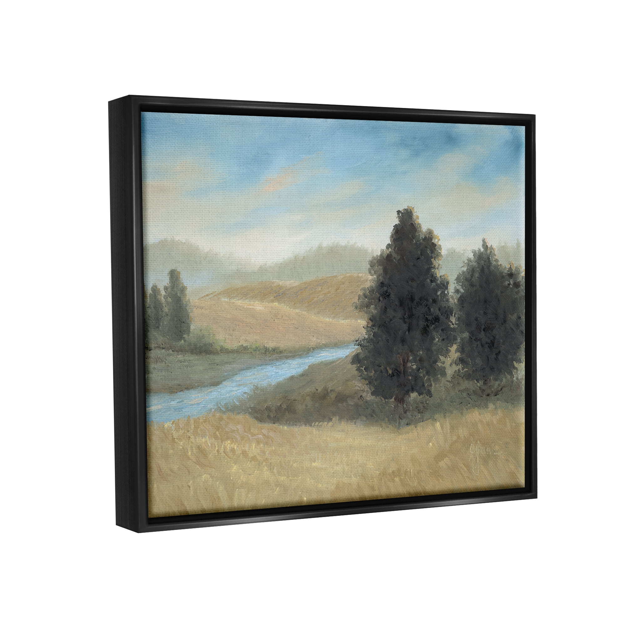 Stupell Industries Rural Creek Landscape Landscape Painting Black Floater Framed Canvas Art Print Wall Art, 21 x 17