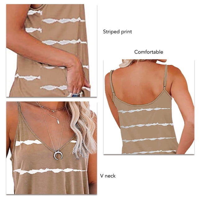 Women V Neck Strap Women Spaghetti Strap Women Spaghetti Strap Shirt Stripe Spaghetti Strap Women V Neck Spaghetti Strap Casual Loose Breathable Stripe Print Strap Shirt For Summer ANGGREK Caqui L