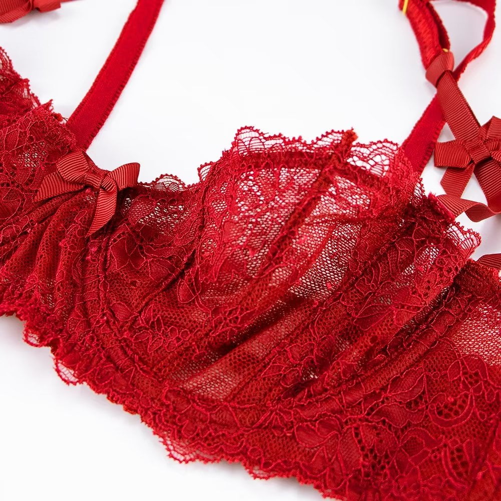 Varsbaby Lingerie Set for Women Sexy Lace Bra and Panty Thongs Sets Unlined Demi-Cup Underwire Bra and See Though Panties