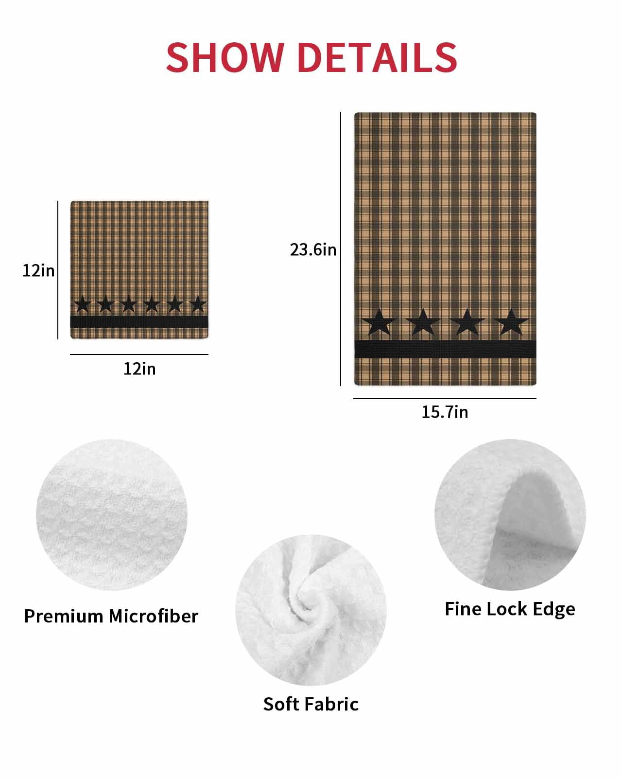 Brown Black Plaid Kitchen Dish Towels for Drying Dishes Set of 3, Vintage Rustic Star Buffalo Check Waffle Weave Microfiber Hand Tea Bathroom Towels Quick Dry & Absorbent Towel 12x12