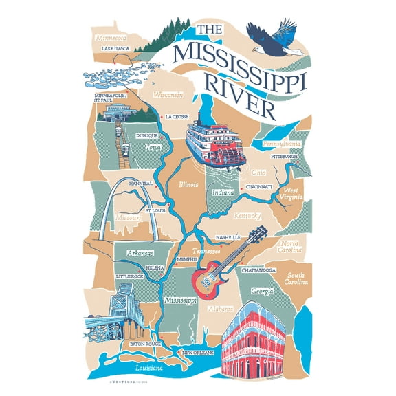 Vestiges Mississippi River Region Souvenir Tea Towel 21.5" x 32" Eco-Friendly