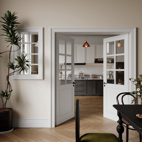 48" X 80" Clear Glass Slab Doors, Double 6-Panel Transparent Glass Interior French Door Slab, Soild Core & Pre-Finished Single Panel as Bedroom Pantry Laundry Closet Door Panel, No Assembly Required