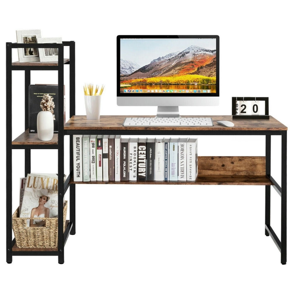 Demi Bonn 59" Computer Desk Office Workstation 4-Tier Storage Shelves, Small Home Study Writing Table, Brown