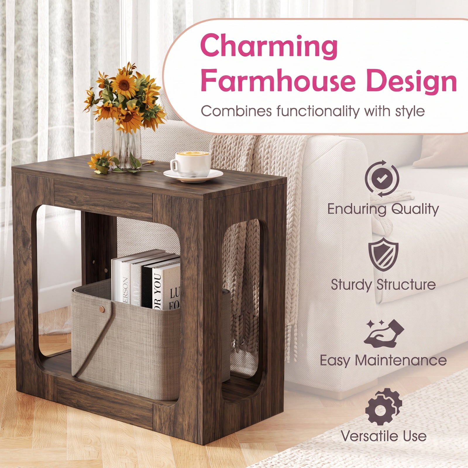 Furnibear 2 Tier End Table with Storage Shelf and Rustic Wood Grain Top for Living Room Bedroom and Sofa Side Accent Space, Oak