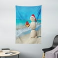 thumbnail image 1 of Christmas Tapestry, Sand Snowman with Santa Hat and Present Tropical Beach Australian Noel, Wall Hanging for Bedroom Living Room Dorm Decor, 40W X 60L Inches, Sand Brown Vermilion Blue, by Ambesonne, 1 of 2