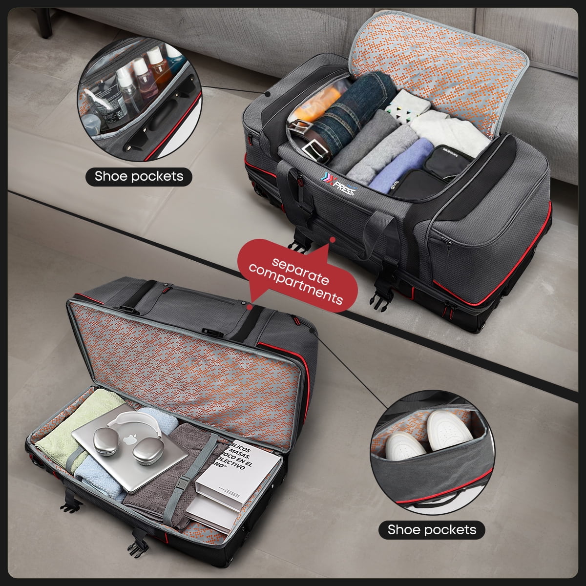 30 Inch Rolling Duffle Bag with Telescopic Handle, Wheeled Duffel Bag with Drop-Bottom,  Large Luggage Bags for Travel, Grey/Red, TBL074