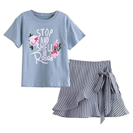 

QYZEU New Born Baby Stuff Teens Matching Clothes Toddler Girls Summer Clothes Kids Floral Print T Shirt Short Sleeve Tops Striped Mini Skirts 2Pcs Outfits