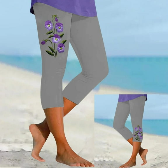 Women's Casual Pants Women'S Fashion Casual Floral Print High Waist Elastic Capri Pants Leggings,Gray Women's Casual Pants L