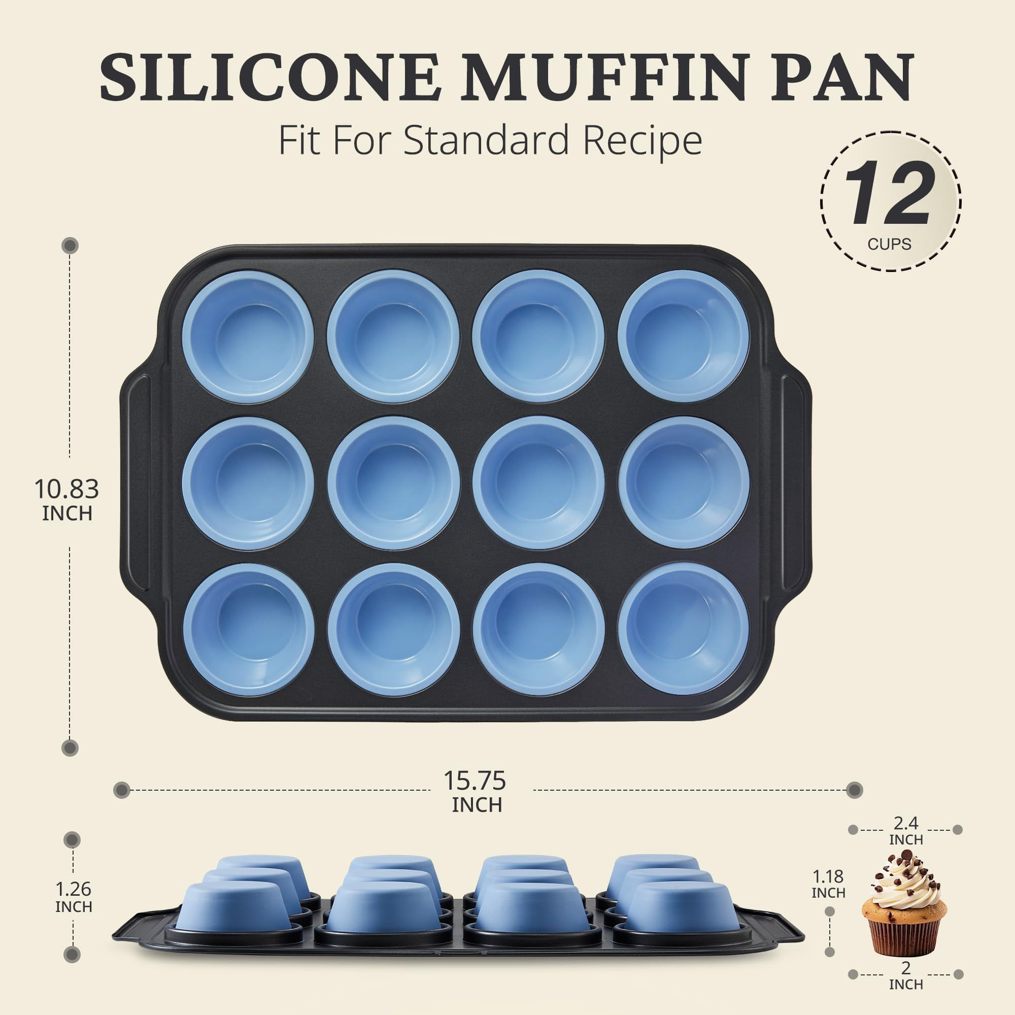 HONGBAKE Silicone Muffin Pan with Metal Frame, 12 Cup Muffin Tin for Cupcakes & Egg Bites, Nonstick Non-Toxic Bakeware, Blue
