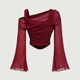 thumbnail image 3 of Women's Plus Size 2 in 1 Off Shoulder T Shirt Ruched Sheer Bell Long Sleeve Tee, Casual Slim Fit Going Out Y2k Shirts Blouses(Red,XXL), 3 of 6