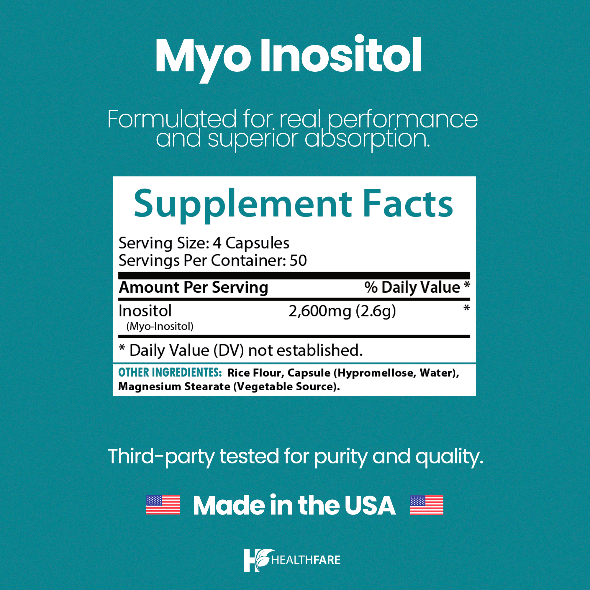 HealthFare Myo Inositol Supplement, 2600mg | 200 Veg Capsules | Ultra Strength | Healthy Ovarian Support for Women | Vitamin B8 for Women