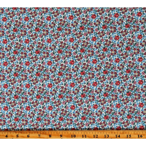 Cotton Pink and Blue Flowers on White Floral 1930's Basics Cotton Fabric Print by the Yard (FLH-21222-10PINK)