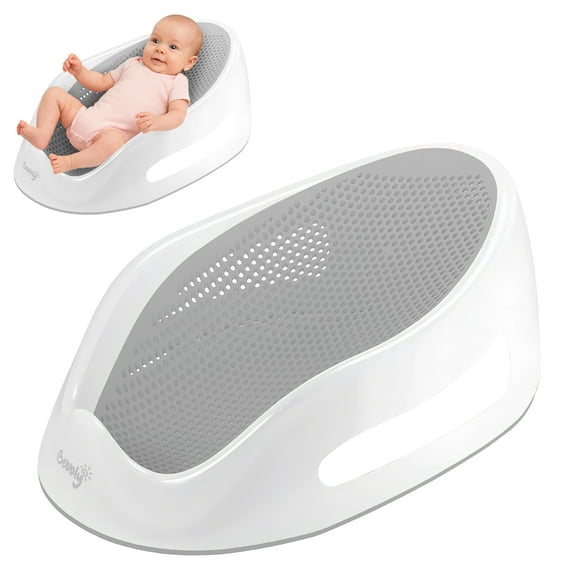Bebbly Soporte para Bañera de Bebé Antideslizante con Base Ergonómica Reclinada para Recién Nacido y Hasta Los 6 meses, Ideal para Baño Seguro y Cómodo en Lavabo o Tina 33x55x22 cm (Gris)