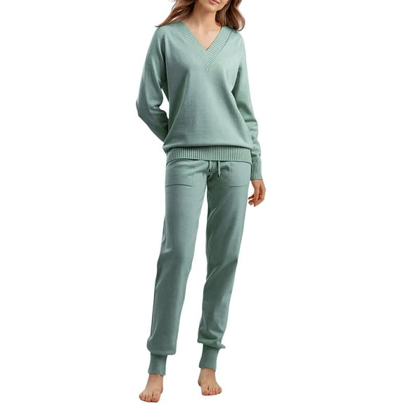 Women'S V Neck 2 Piece Sweater Set Pullover Casual High-Waisted Knit Set Sweatsuits Green One size