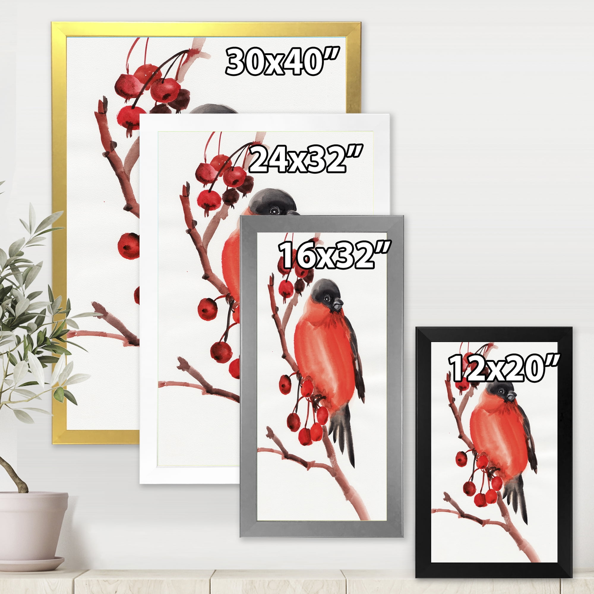 Designart 'Red Bullfinch Bird Sitting On A Branch With Berries' Traditional Framed Art Print