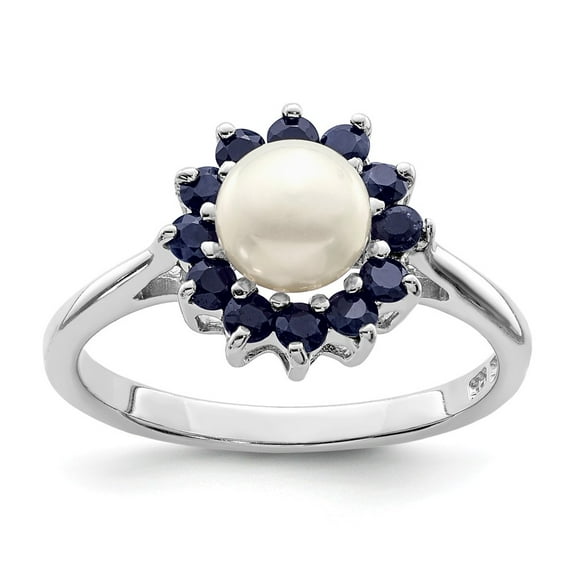White Sterling Silver Ring Band Pearl Sapphire Round Blue Freshwater