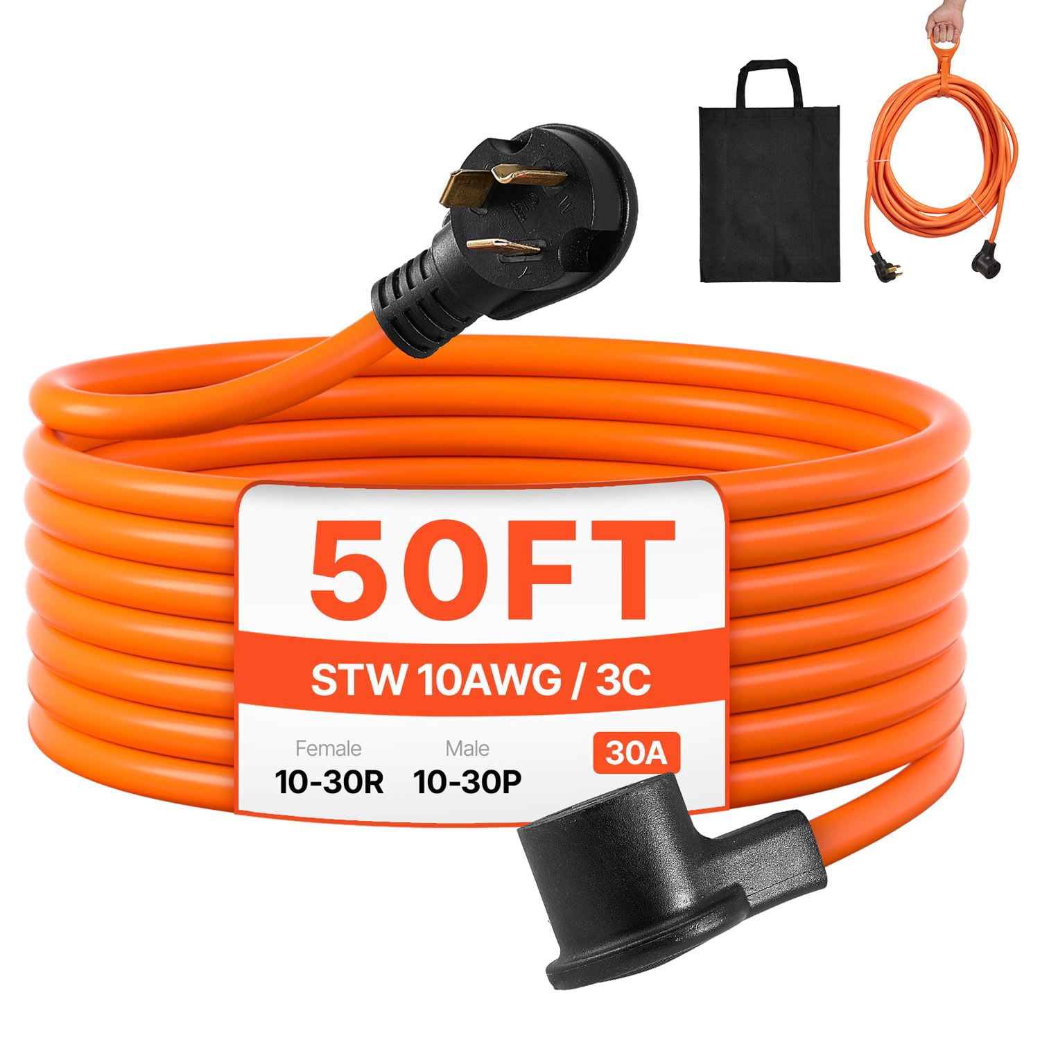 Chateauy 50FT 3-Prong Dryer Extension Cord, NEMA 10-30P/R, 125V/250V, 10AWG/3C STW Pure Copper Cable with Storage Bag & Tie