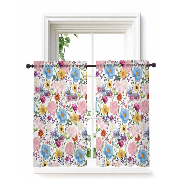 Colorful Floral Spring Curtains 54 Inch Length, Sheer Curtains for Bedroom Living Room Window Country Watercolor Botanical Rod Pocket Voile Drapes Kitchen Curtains Small Half Window 42"x54" 2 Panels